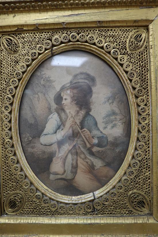 An early 19th century colour engraving of a piper in gilt gesso and paper scroll work frame, frame overall 28 x 23cm